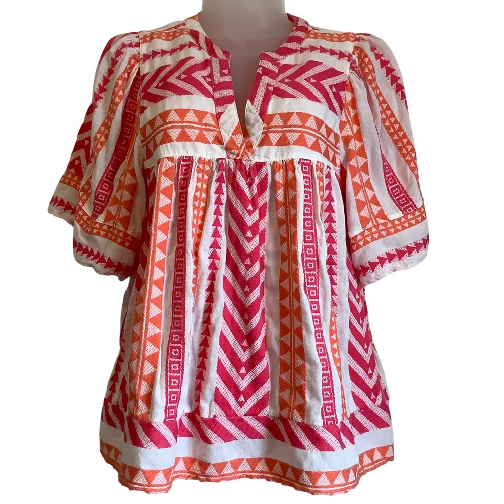 Old Navy Pink Orange Geometric Jacquard Babydoll Blouse Top Womens Large L